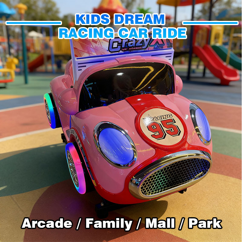 Ninix Pink Race Car Themed Kids Arcade Ride LED Lighted Coin Operated Amusement Game Stainless Steel Indoor Play English
