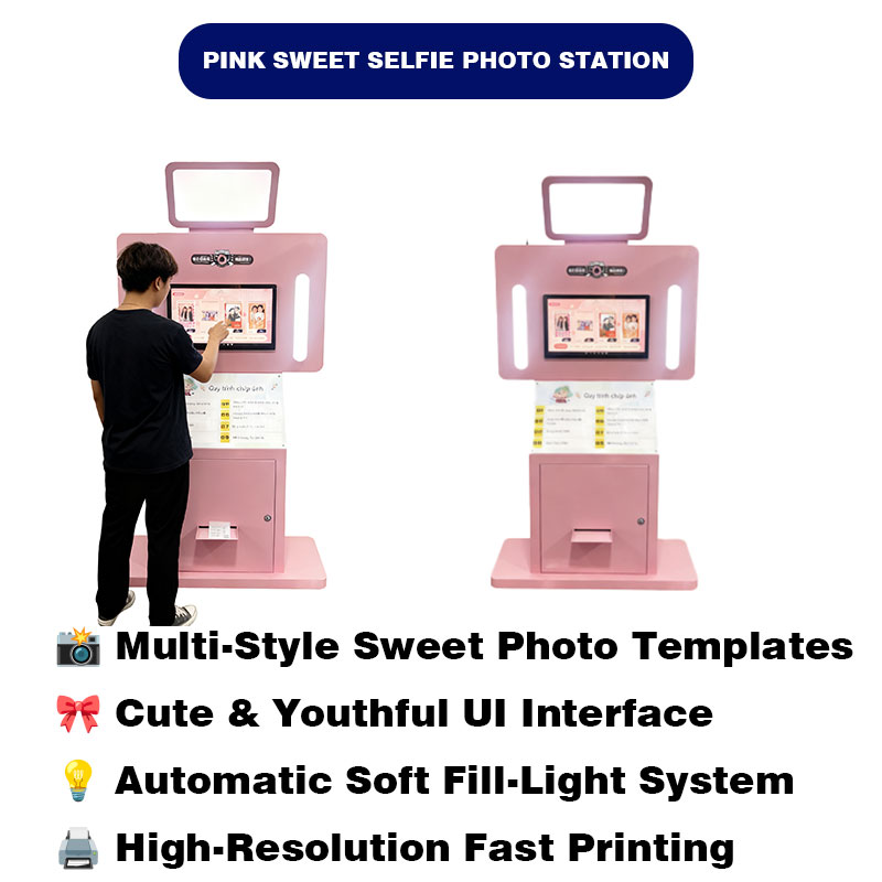 Coin Operated Pink Selfie Photo Booth Cute Beauty Filter Printing Station for Mall Arcade Event Entertainment
