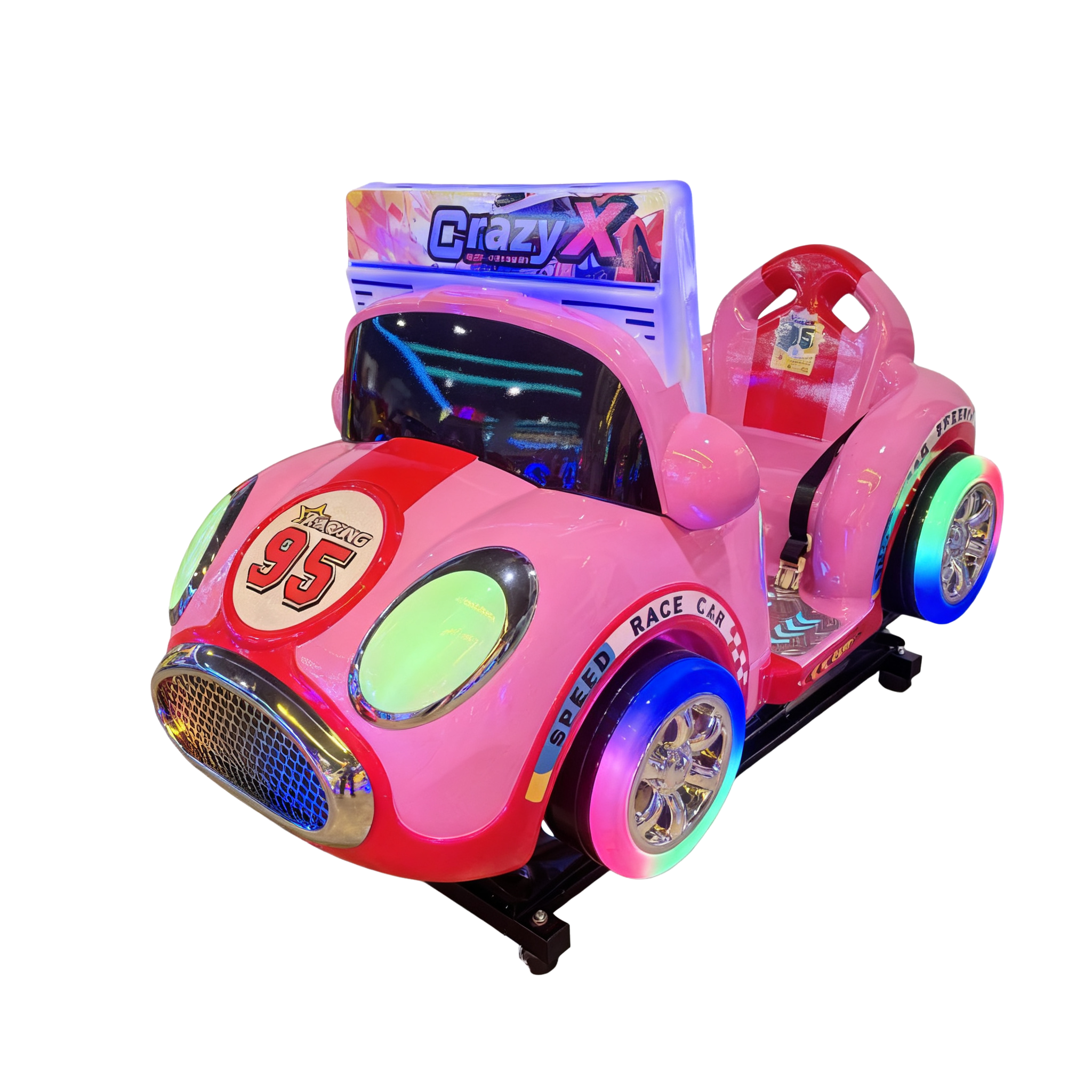 Ninix Pink Race Car Themed Kids Arcade Ride LED Lighted Coin Operated Amusement Game Stainless Steel Indoor Play English