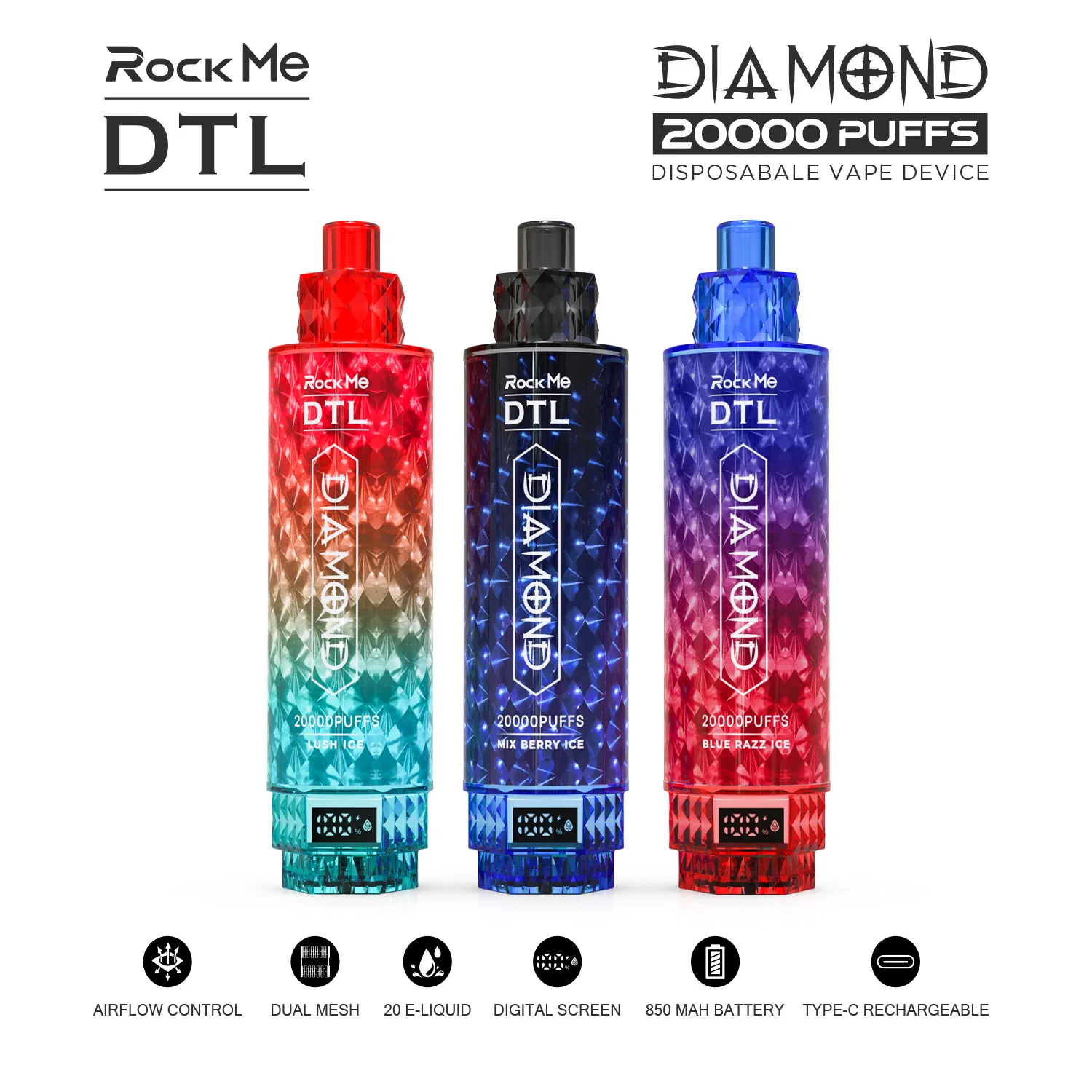 New Design Dtl Diamond Hookah Vape 20000 Puffs Electronic Cigarette Disposable Vape 30000 25000 Vapor 20K 25K 30K Puffs EU Warehouse Vape 20K