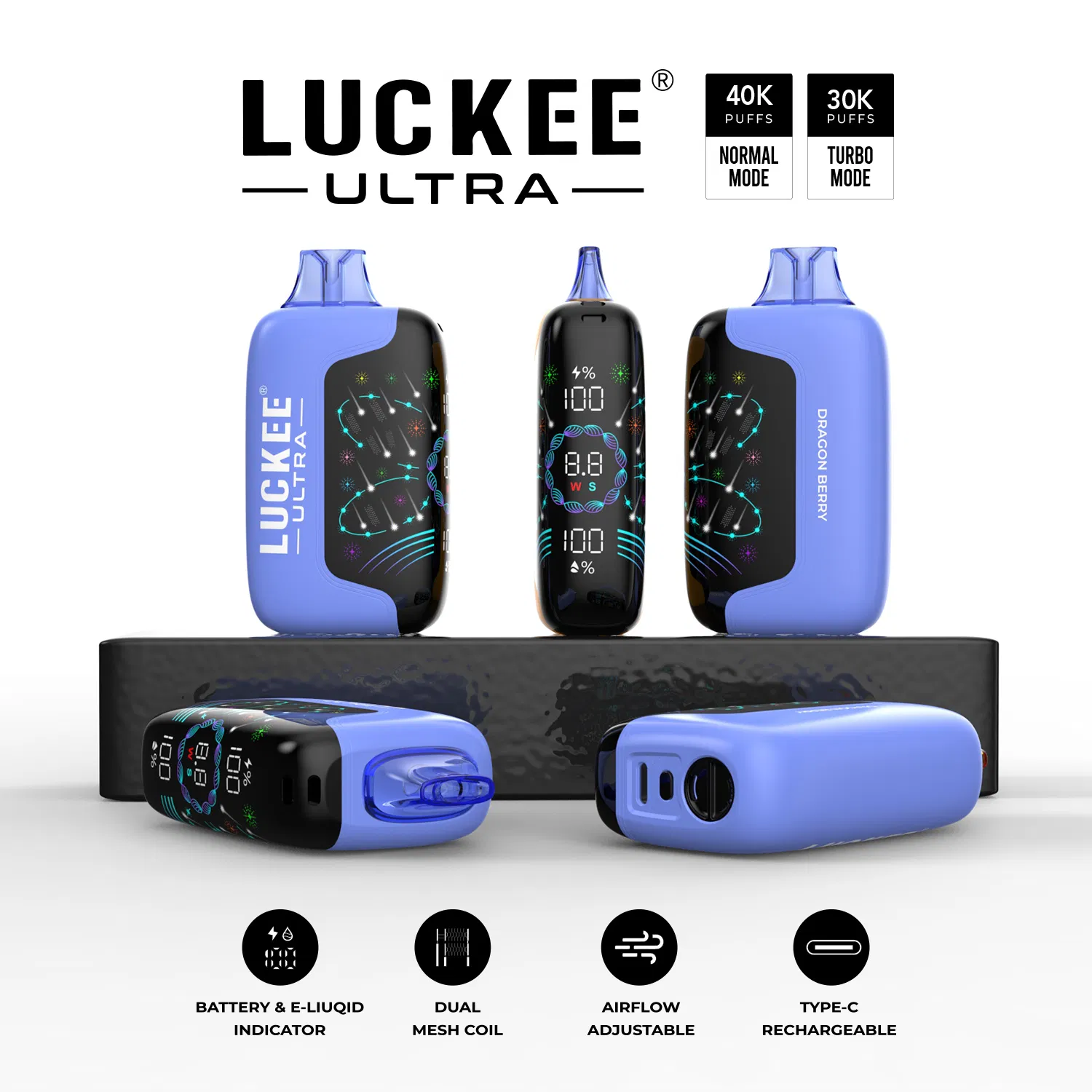 Hot Selling Full Screen Luckee Ultra 30000 40000 Puffs Disposable Vape with Airflow Control