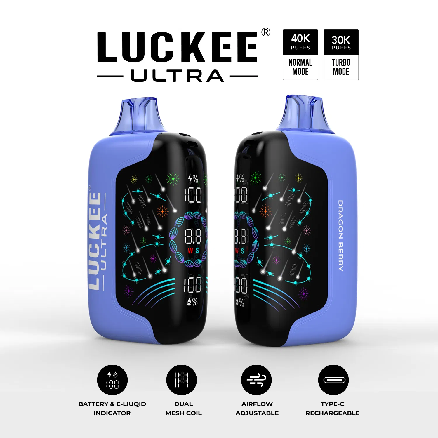 Hot Selling Full Screen Luckee Ultra 30000 40000 Puffs Disposable Vape with Airflow Control