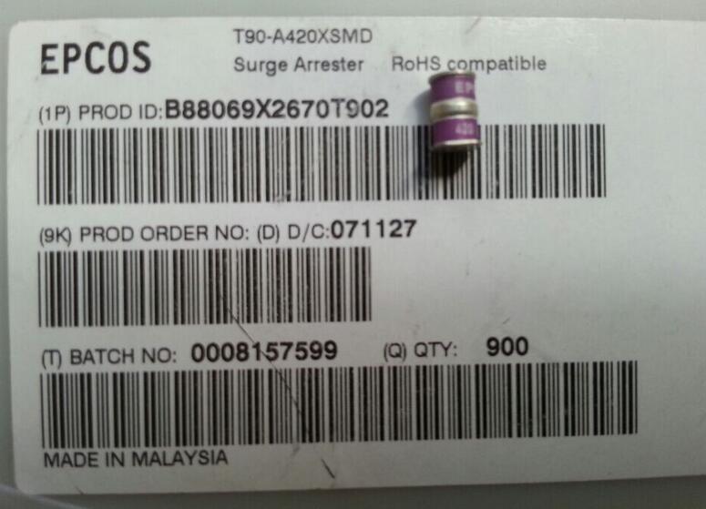 495-5909-1-ND B88069X2670T902 T90-A420XSMD EPCOS (TDK)	GDT 357V 5KA SURFACE MOUNT