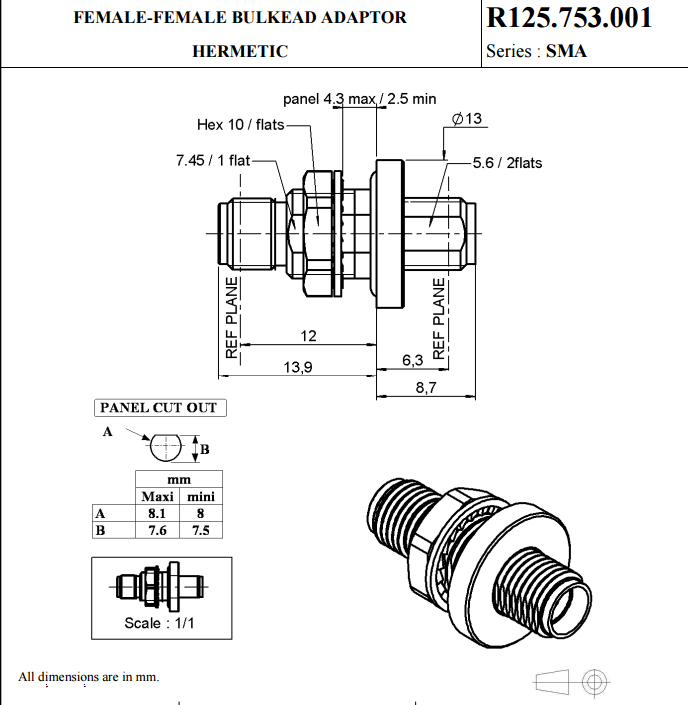 R125753001 Radiall RF Adapters - In Series SMA FML/FML BLKHD ADAP HERM