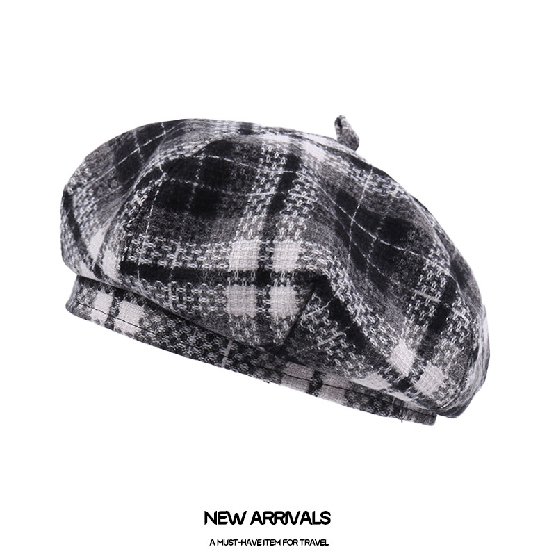 New British Vintage Checkered Beret for Women - Suitable for Autumn/Winter - Wool Blend - Warm - Artist's Hat