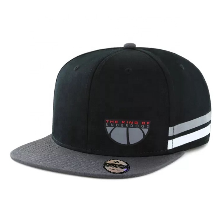 Custom Hip Hop Striped Print Flat Brim Hat Black Rubber Patch logo Snapbacks Hat Cap