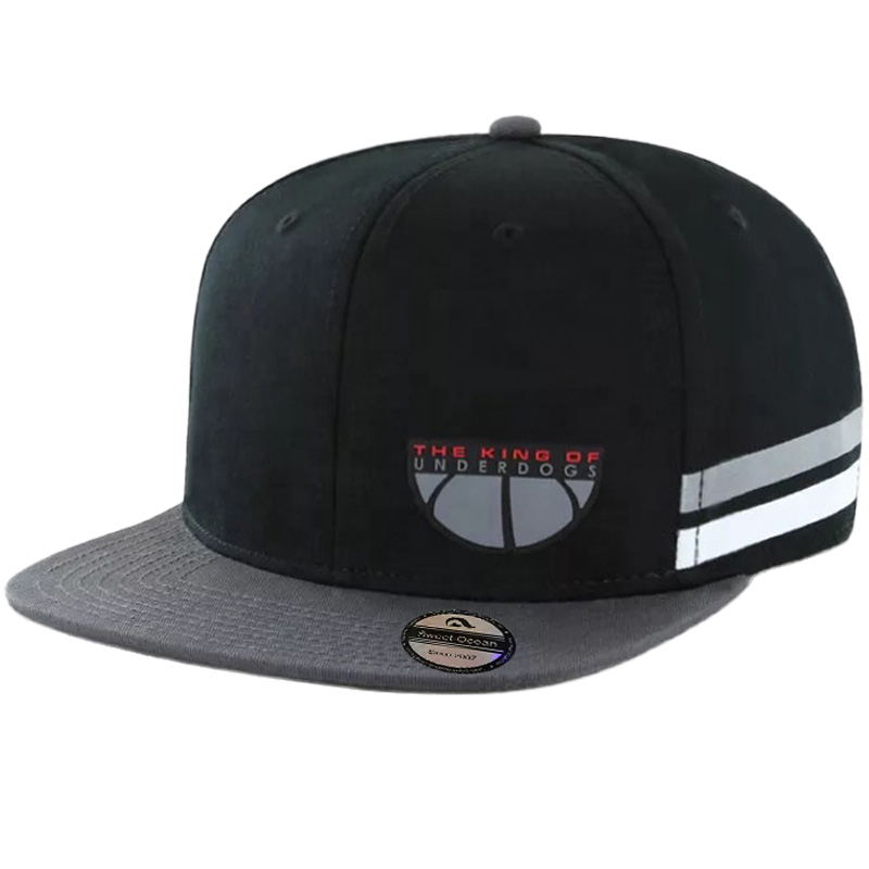 Custom Hip Hop Striped Print Flat Brim Hat Black Rubber Patch logo Snapbacks Hat Cap