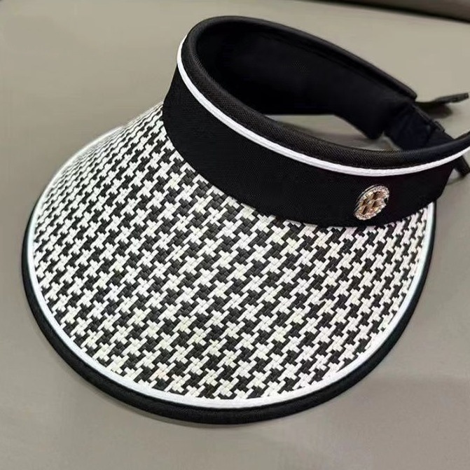 Sun Hat for Women Summer Hat Sunshade Hat Outdoor Straw Hat with Checked Pattern Thousand-bird Pattern Open-top Sun Hat