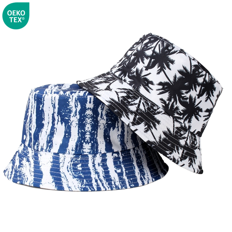 Wholesale Custom Designer Logo Sublimation Printing Wide Brim Bucket Hats for Adults with Leaf Pattern