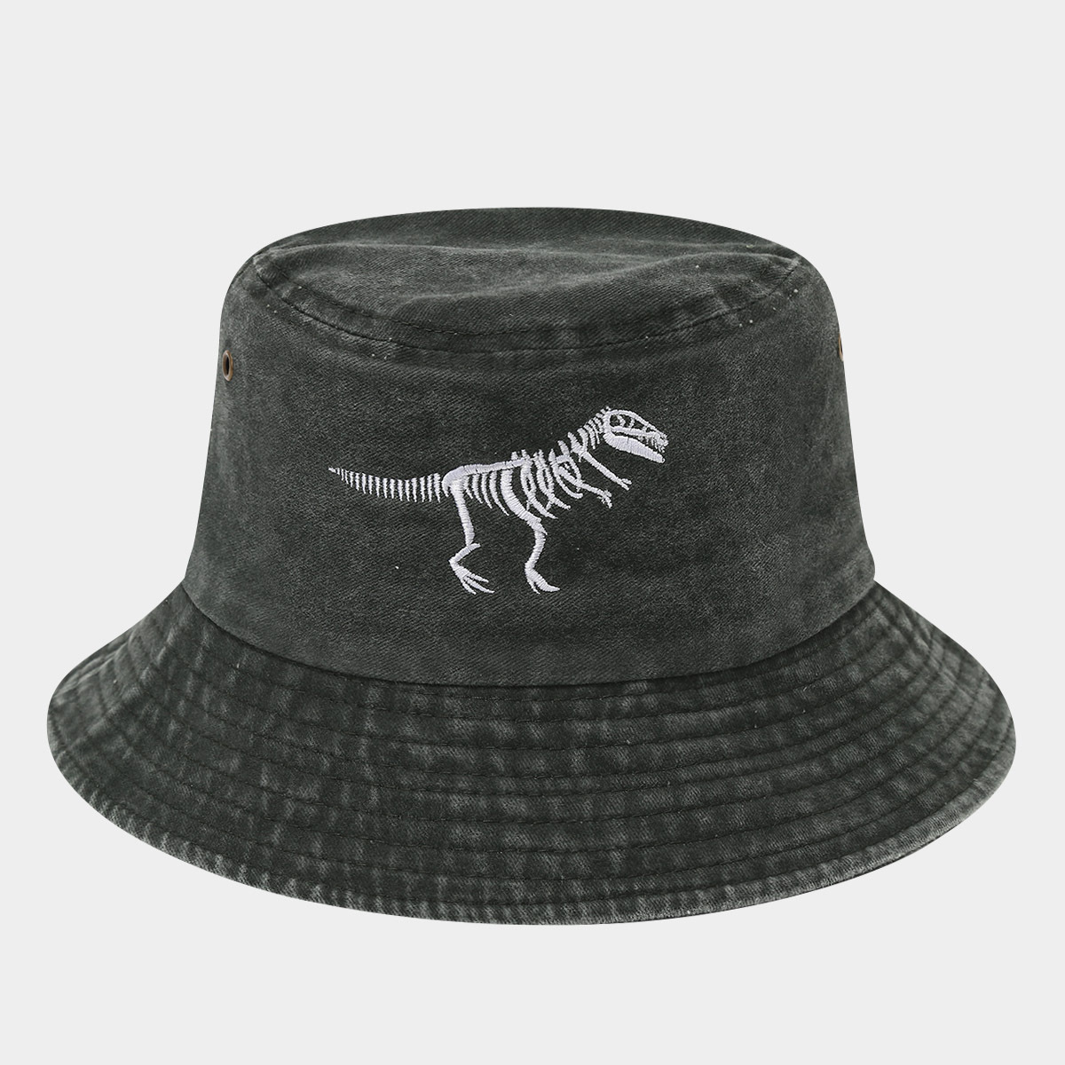 Dinosaur Skeleton Embroidered Fishing Hat Water Washed Distressed Outdoor Sun Hat Fashionable Bucket Hat