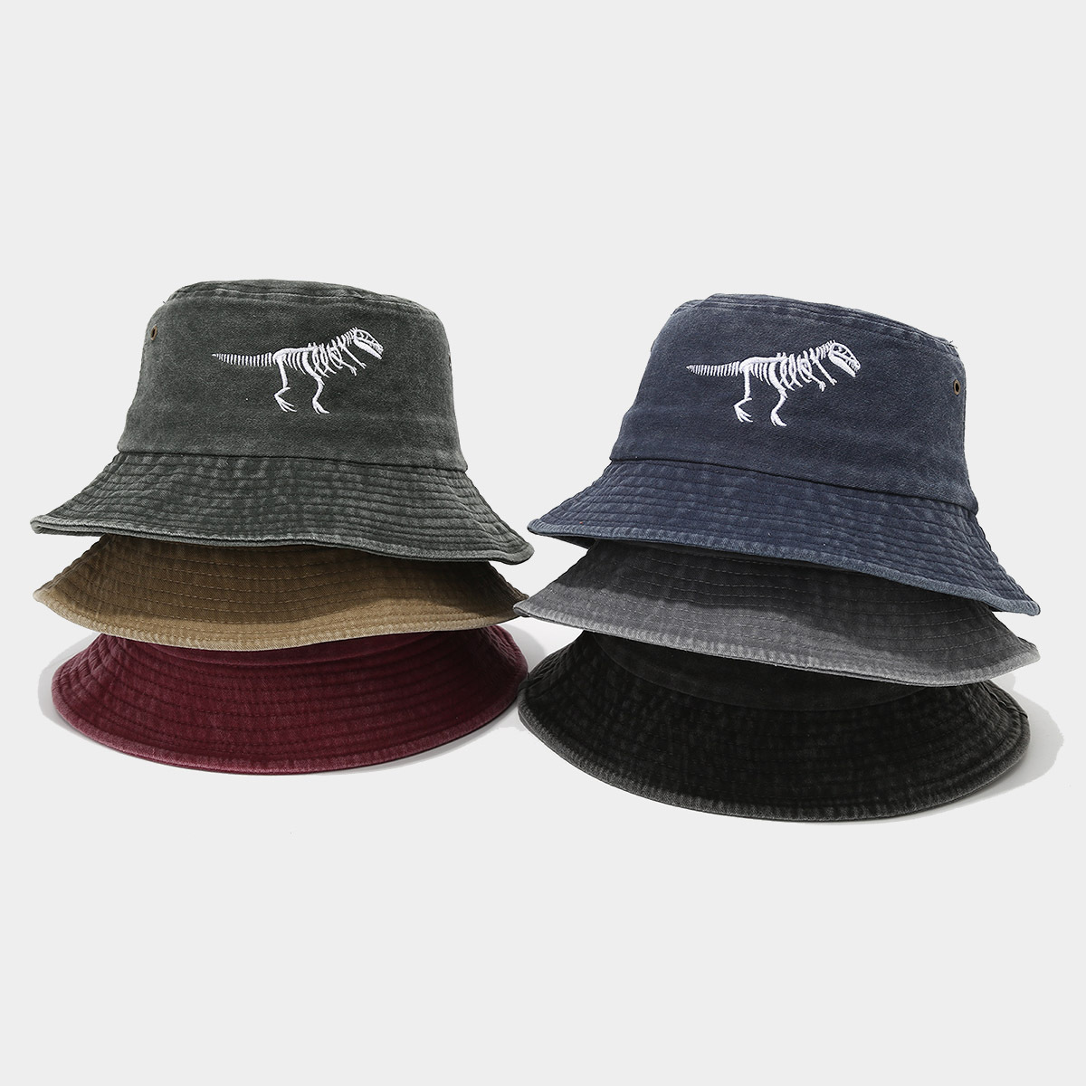 Dinosaur Skeleton Embroidered Fishing Hat Water Washed Distressed Outdoor Sun Hat Fashionable Bucket Hat