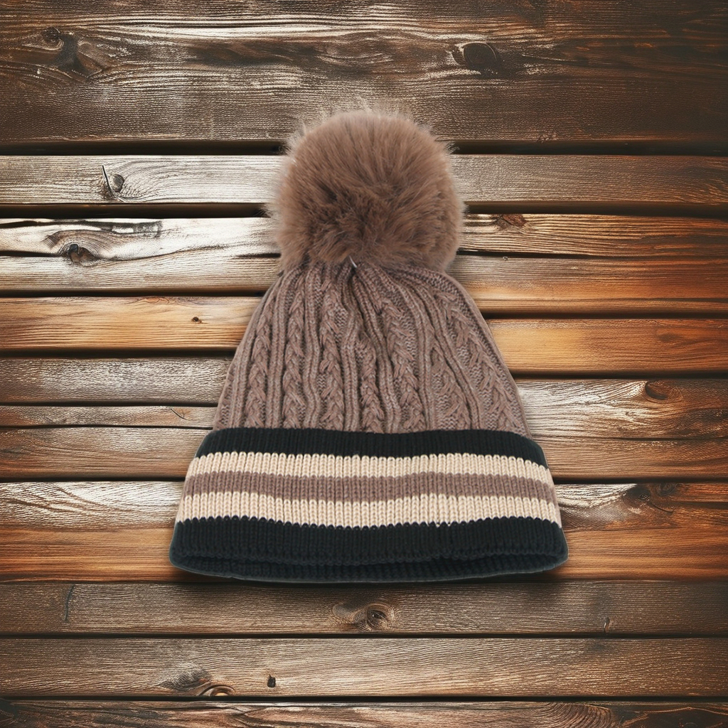 Manufacturer Fashion Women Winter Warm Earflod Lamb Wool Fleece Striped Knit Beanie Hats With Plush Pom Pom