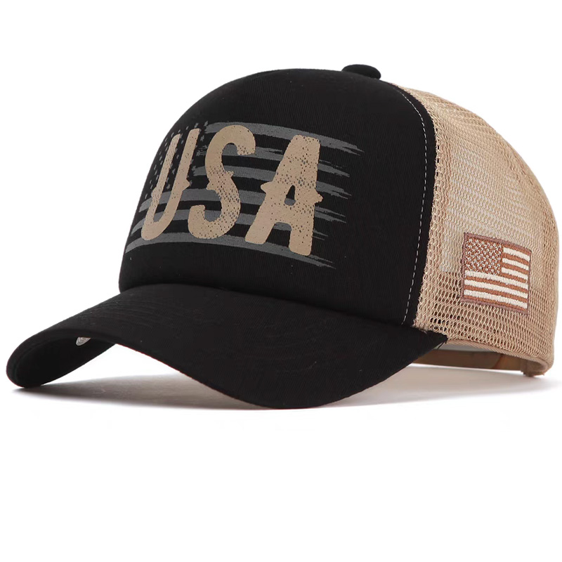 2026 New Style Vintage Sporty Black Print Twill Dobby Mesh Trucker Cap Curves Brim Unisex Adjustable Common Fabric