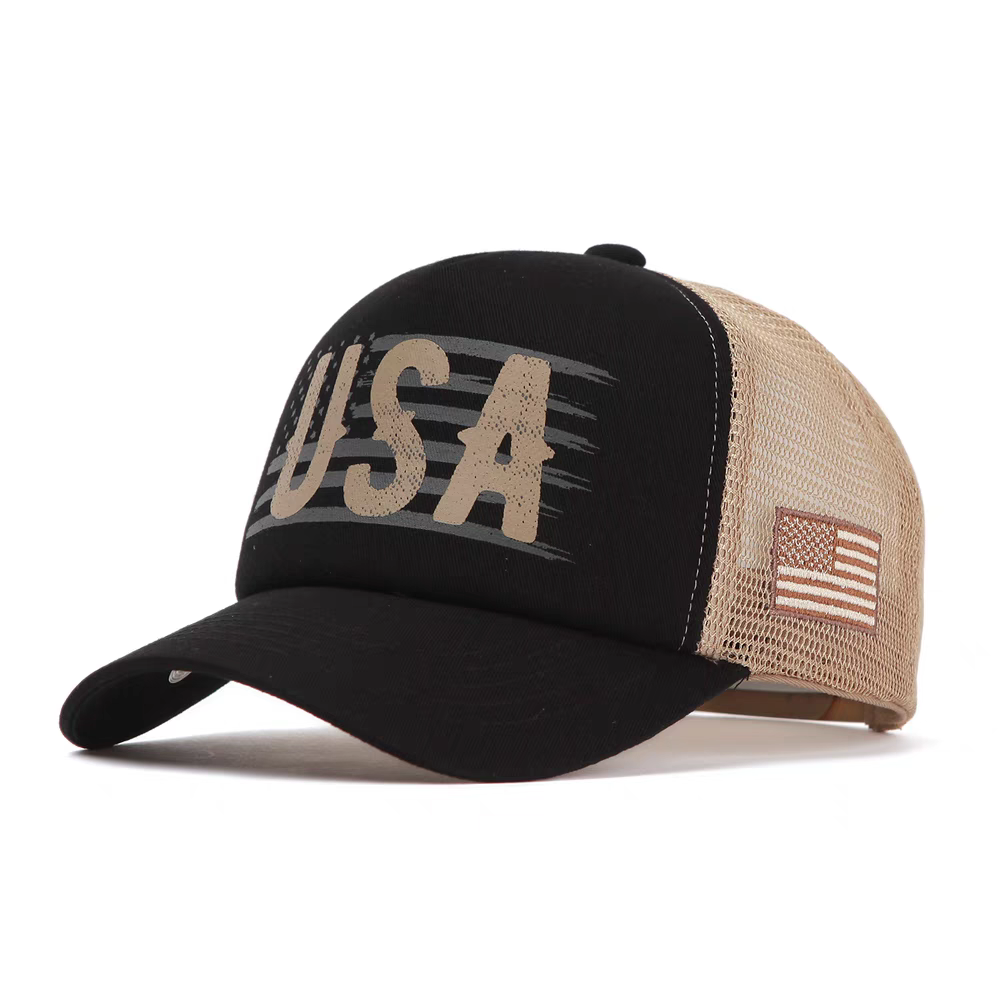 2026 New Style Vintage Sporty Black Print Twill Dobby Mesh Trucker Cap Curves Brim Unisex Adjustable Common Fabric