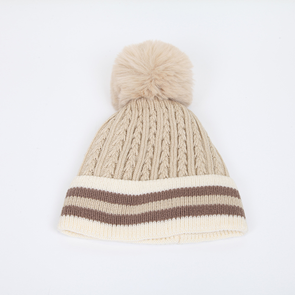 Manufacturer Fashion Women Winter Warm Earflod Lamb Wool Fleece Striped Knit Beanie Hats With Plush Pom Pom