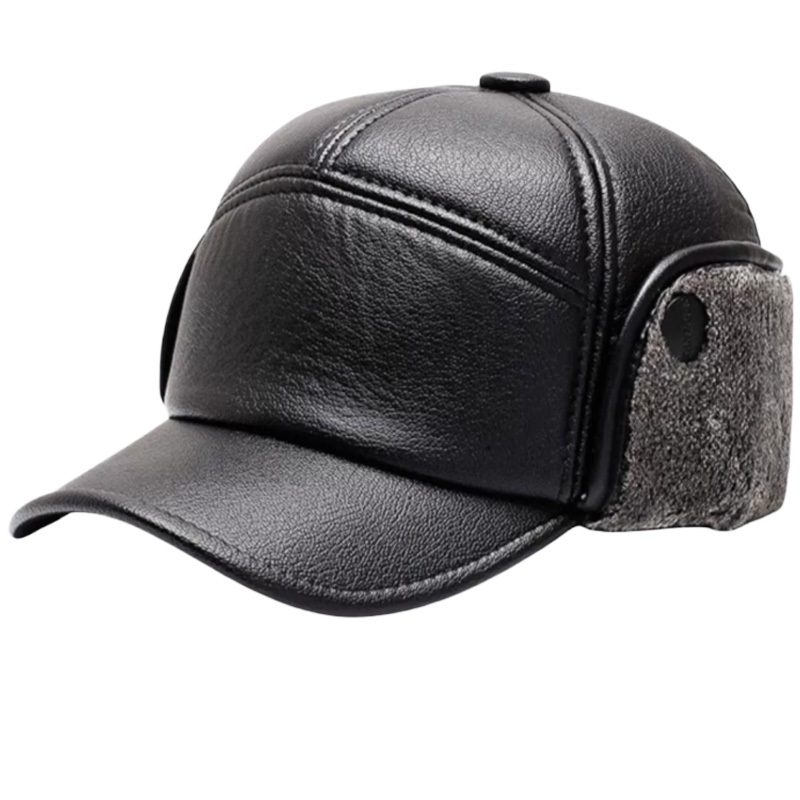 Custom Black Leather Baseball Dad Hat for Men BSCI Certified Winter Warm Vintage Cap with Embossed Logo High Quality Style Image