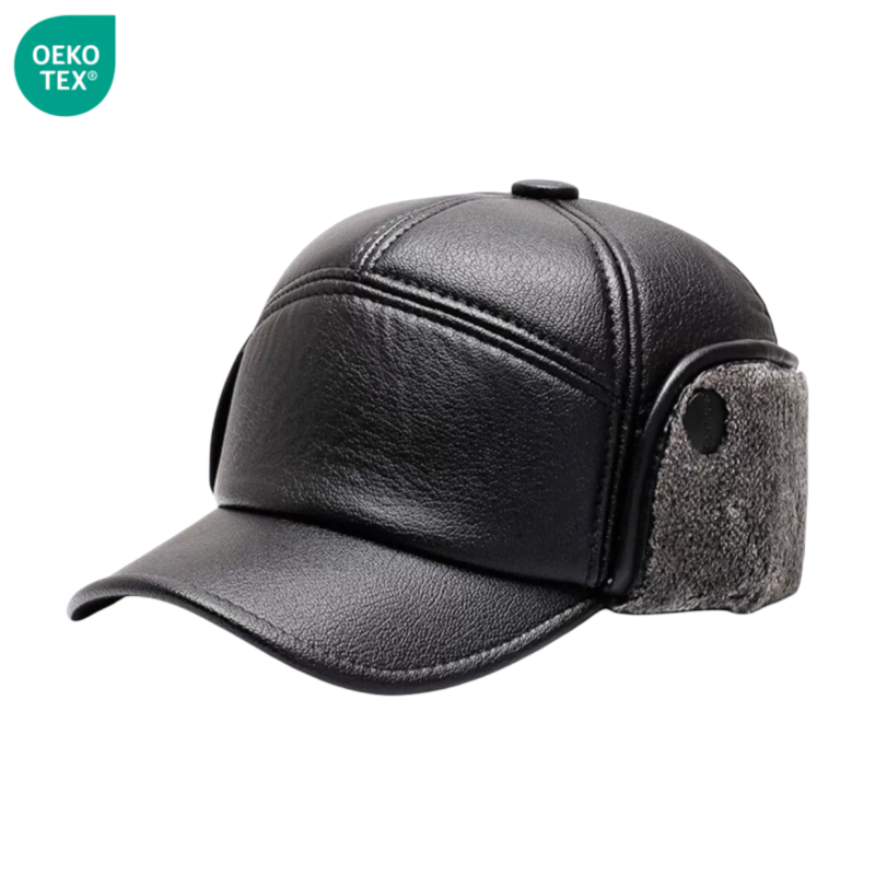 Custom Black Leather Baseball Dad Hat for Men BSCI Certified Winter Warm Vintage Cap with Embossed Logo High Quality Style Image