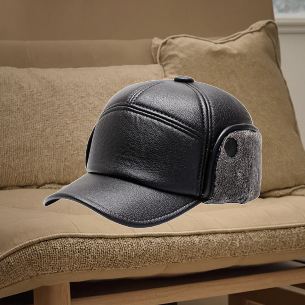 Custom Black Leather Baseball Dad Hat for Men BSCI Certified Winter Warm Vintage Cap with Embossed Logo High Quality Style Image