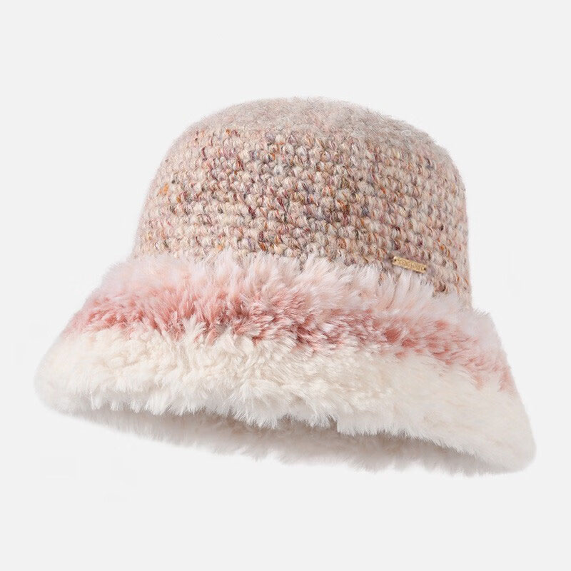 Customized Designer Pink Rainbow Fleece Wool Bucket Hat for Women Warm Winter Knitted Hat with Digital Printed Letter Pattern