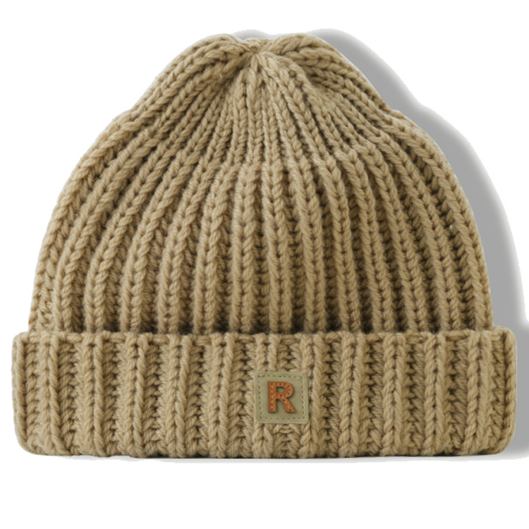 Wholesale Custom Wool Adult Beanie Hat Knitted Fitted Design with Leather Patch 3D Embroidery Technique
