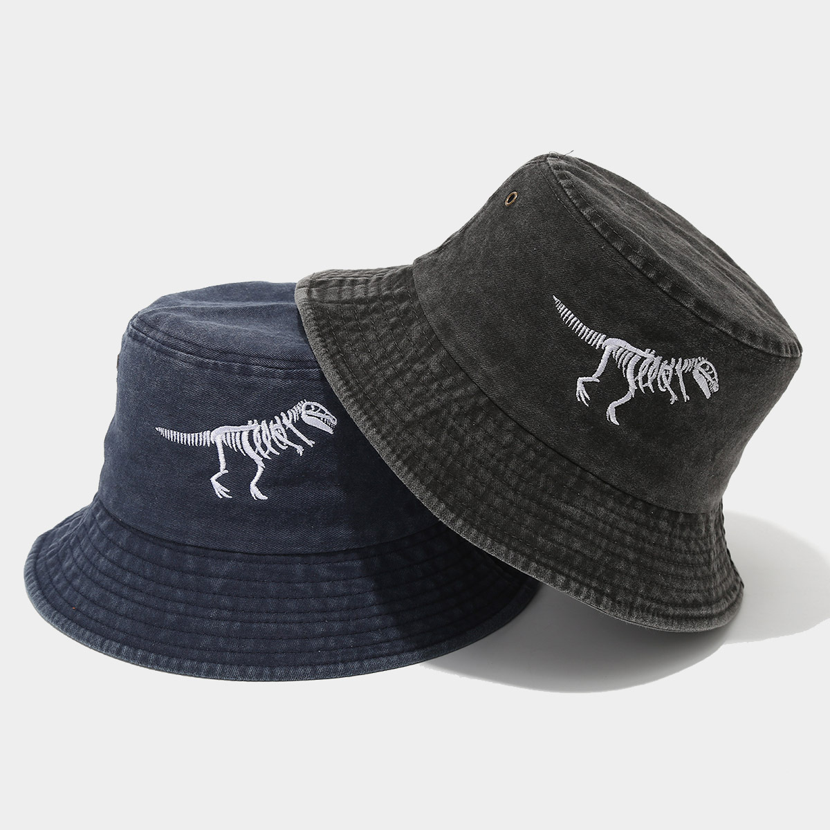 Dinosaur Skeleton Embroidered Fishing Hat Water Washed Distressed Outdoor Sun Hat Fashionable Bucket Hat