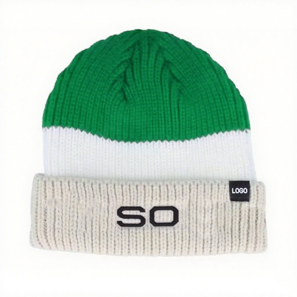 Custom Embroidered Logo Soft Warm Winter Acrylic Colorblock Beanie Knit Skull Cap Soft Cuff for Daily Use for Women Men Beach