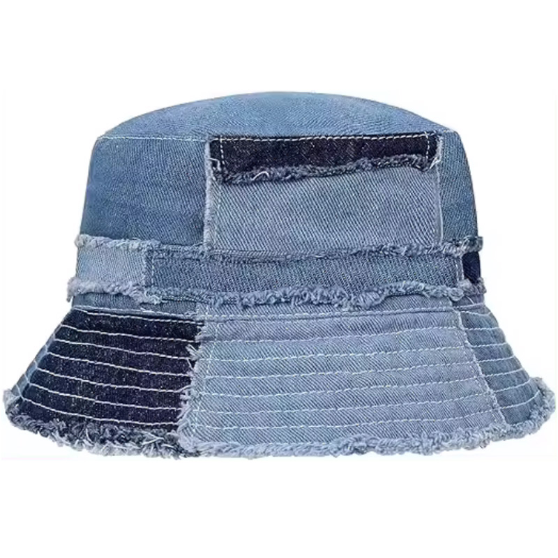 Custom Lightweight Denim Bucket Sun Cap Packable Casual Outdoor Summer Beach Travel Wide Brim Striped Camouflage Daily