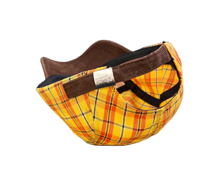 Yellow Plaid Heart Letter Patch Twill Dobby 5-Panel Corduroy Unstructured Unisex Retro Fashion Casual Baseball Cap