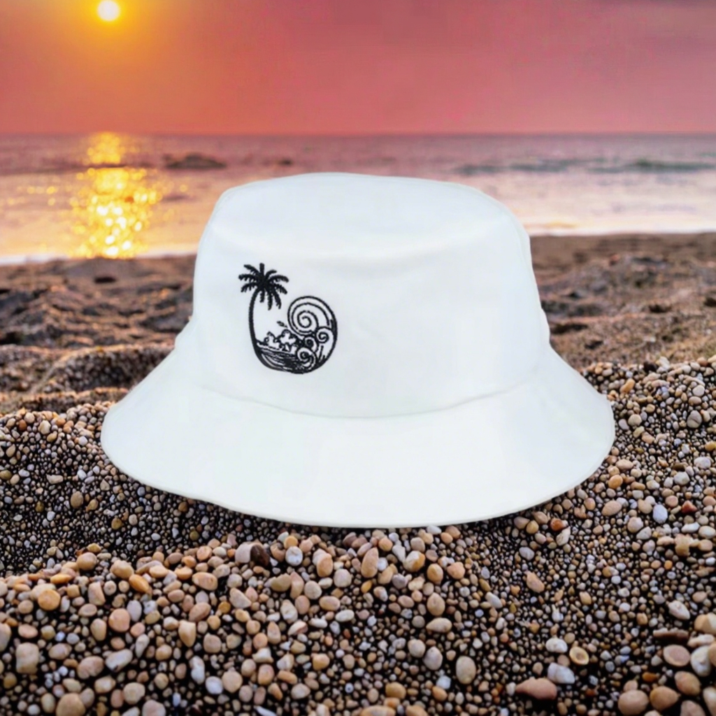 High Quality Custom Designer Embroidered Sunny Waves White Bucket Hat Beach Style Fisherman Logo Men Women Bikini Sun Protection