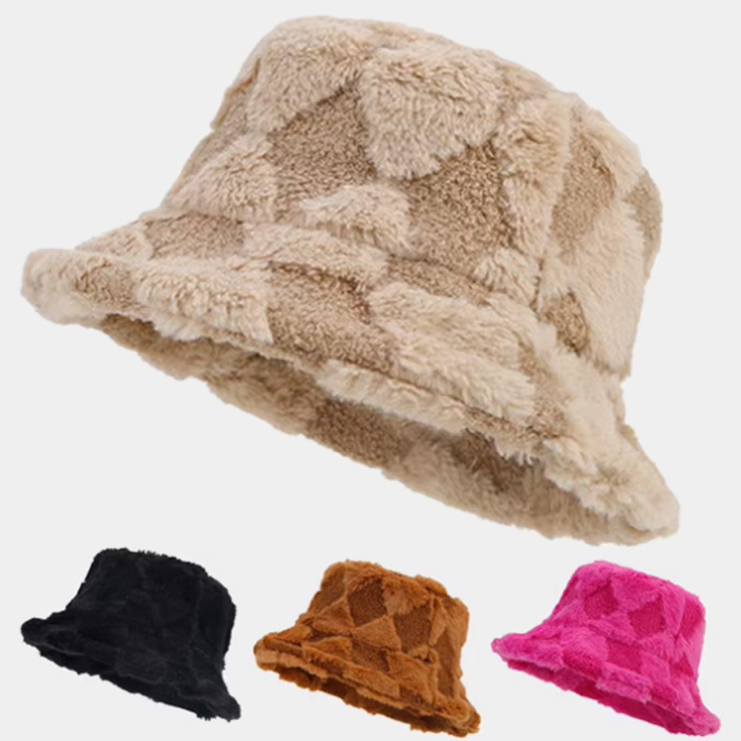 Original Brown Toffee Sherpa Check Bucket Hat Custom Logo Cartoon Wide Brim Winter Hat for Men Women for Fishing Ski Velour