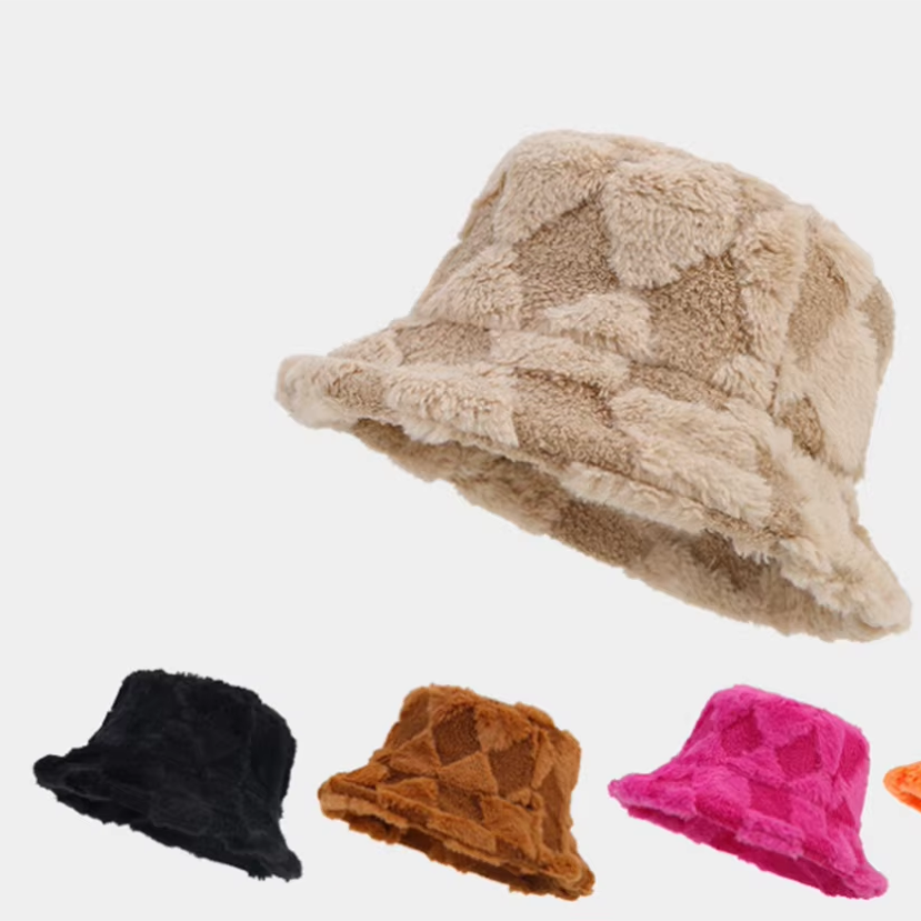 Original Brown Toffee Sherpa Check Bucket Hat Custom Logo Cartoon Wide Brim Winter Hat for Men Women for Fishing Ski Velour