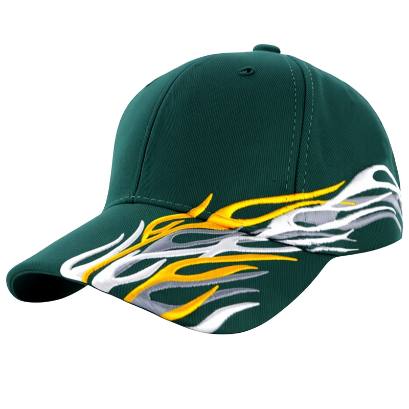 2025 New Green Flame Embroidered Baseball Cap Flat Embroidery Unisex Adjustable Velcro Curved Brim Hat Custom logo Cap