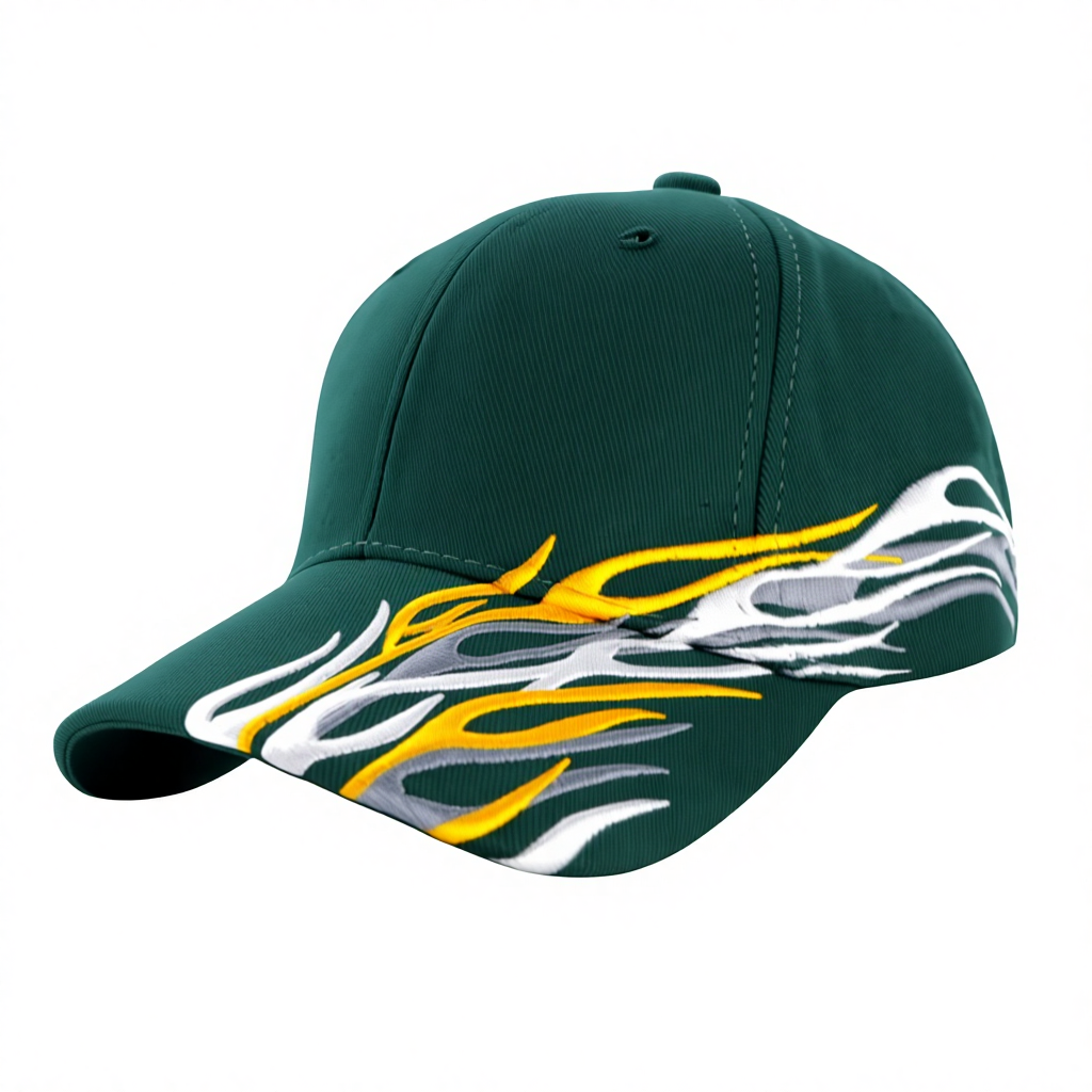 2025 New Green Flame Embroidered Baseball Cap Flat Embroidery Unisex Adjustable Velcro Curved Brim Hat Custom logo Cap