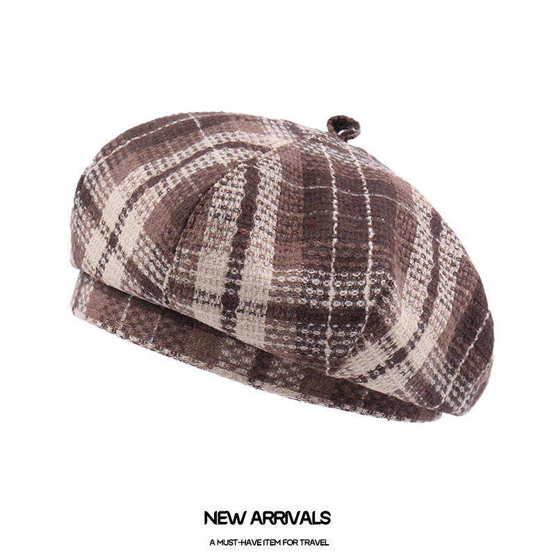New British Vintage Checkered Beret for Women - Suitable for Autumn/Winter - Wool Blend - Warm - Artist's Hat