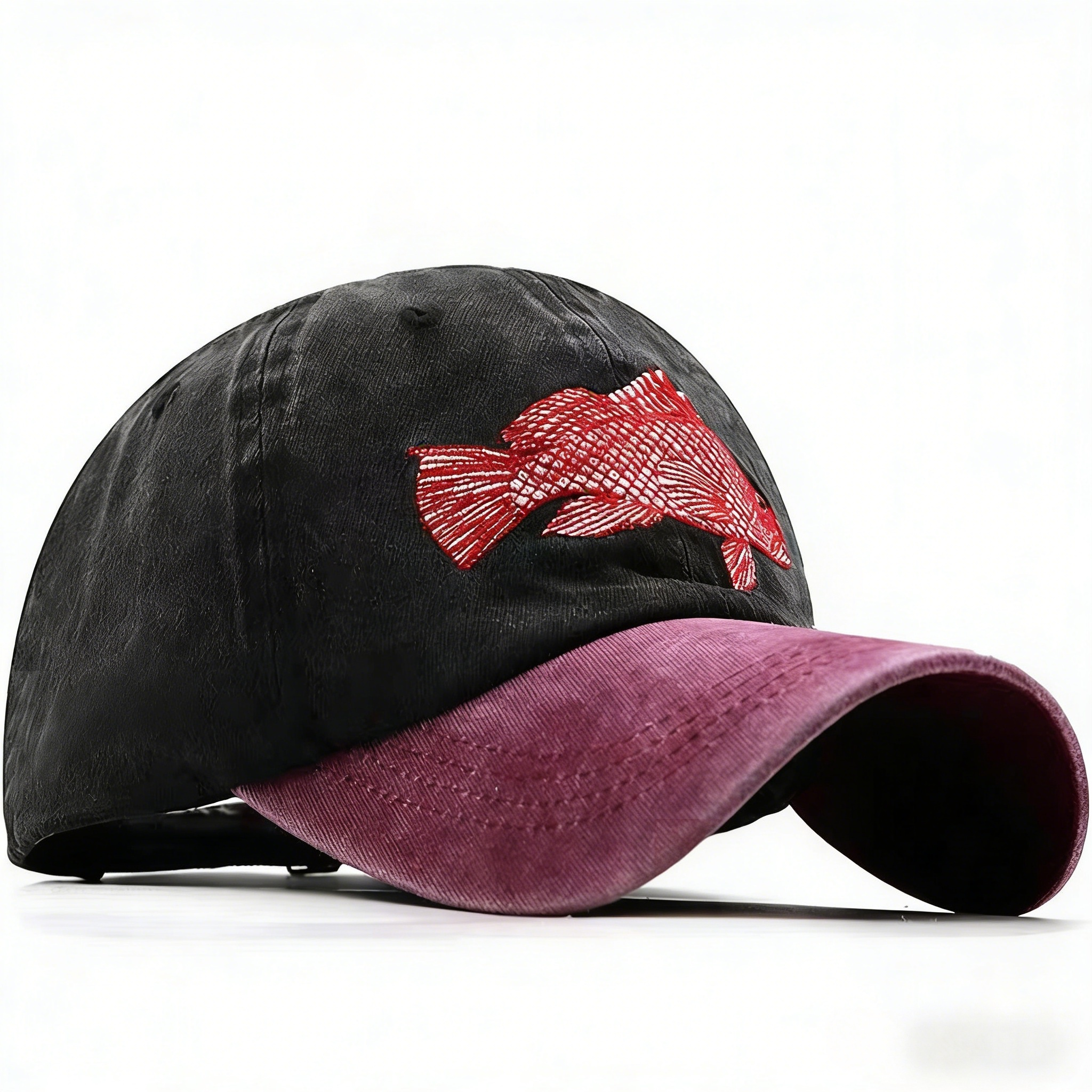 Distressed Washed Twill 6-Panel Color Block Fish Embroidery Vintage Baseball Cap Unisex American Dad Hat Outdoor Fishing Sun Cap