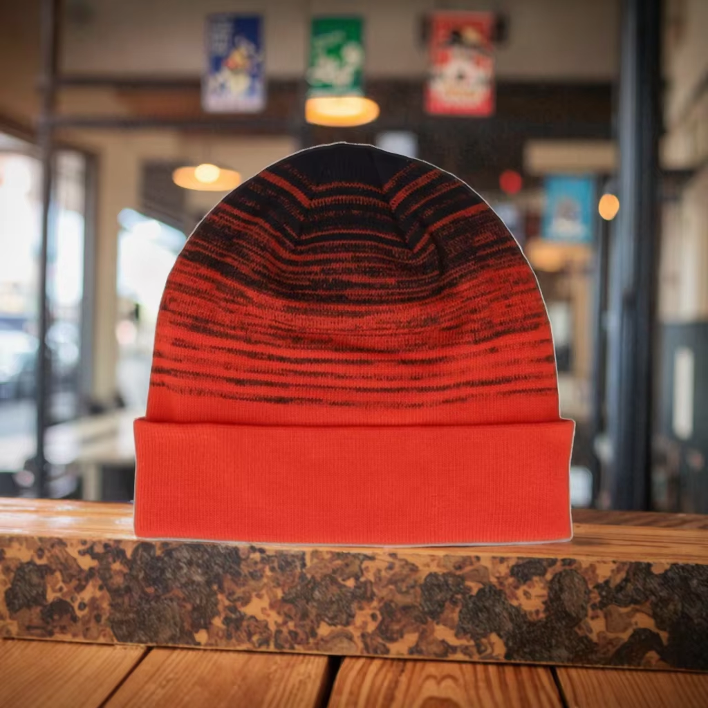 Custom Logo Winter Warm Knit Skull Cap Gradient Black Fiery Red Beanie with Soft Cuff Fashionable for Women Men for Beach Scene