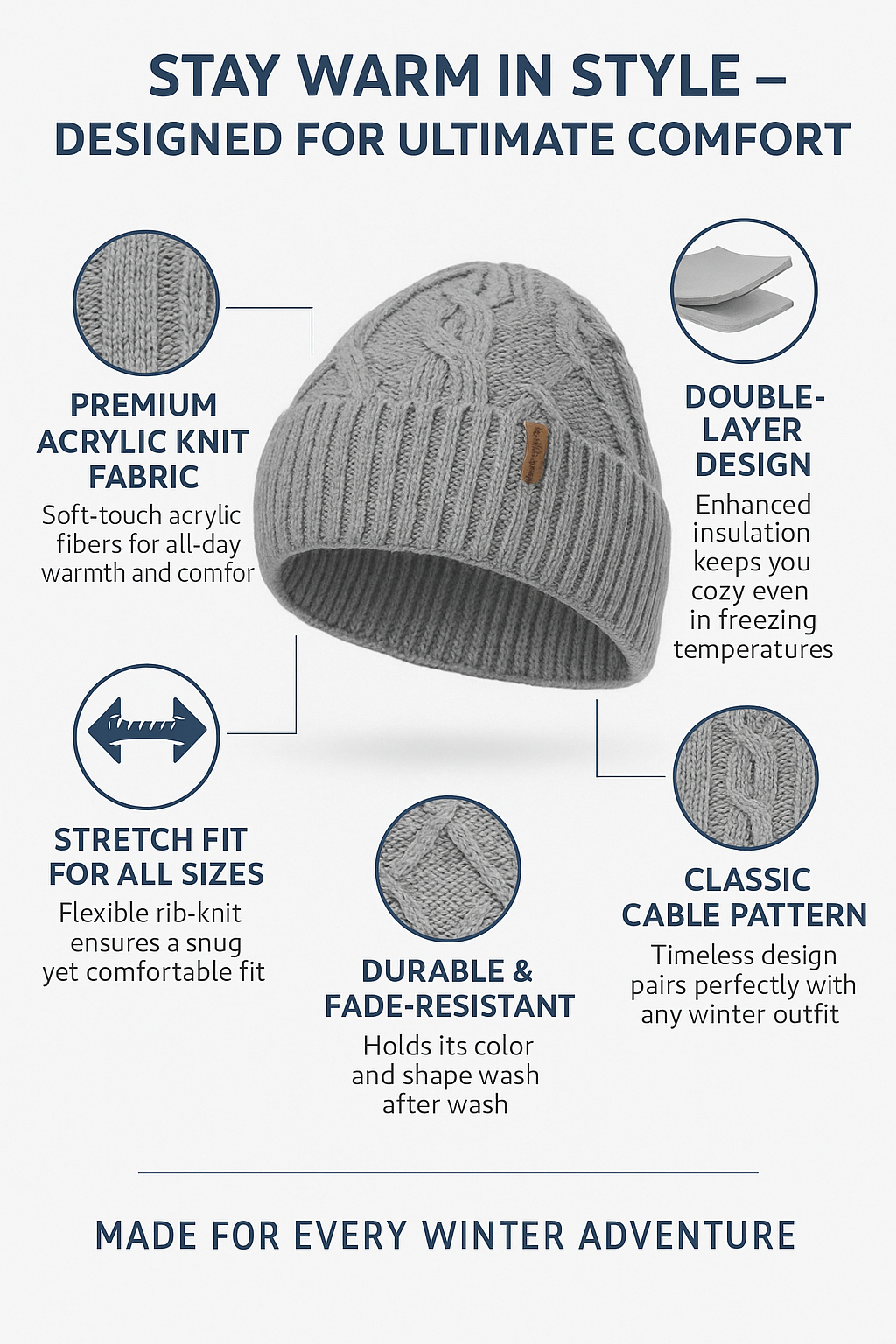 Custom Women's Embroidered Wool Warm Ribbed Winter Knitted Hats