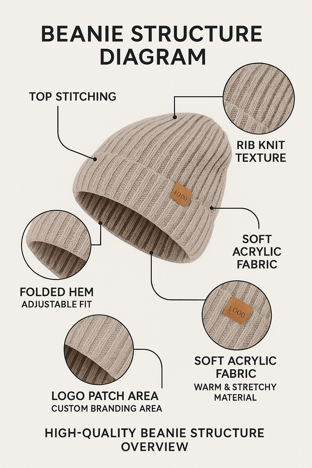 Custom Women's Embroidered Wool Warm Ribbed Winter Knitted Hats