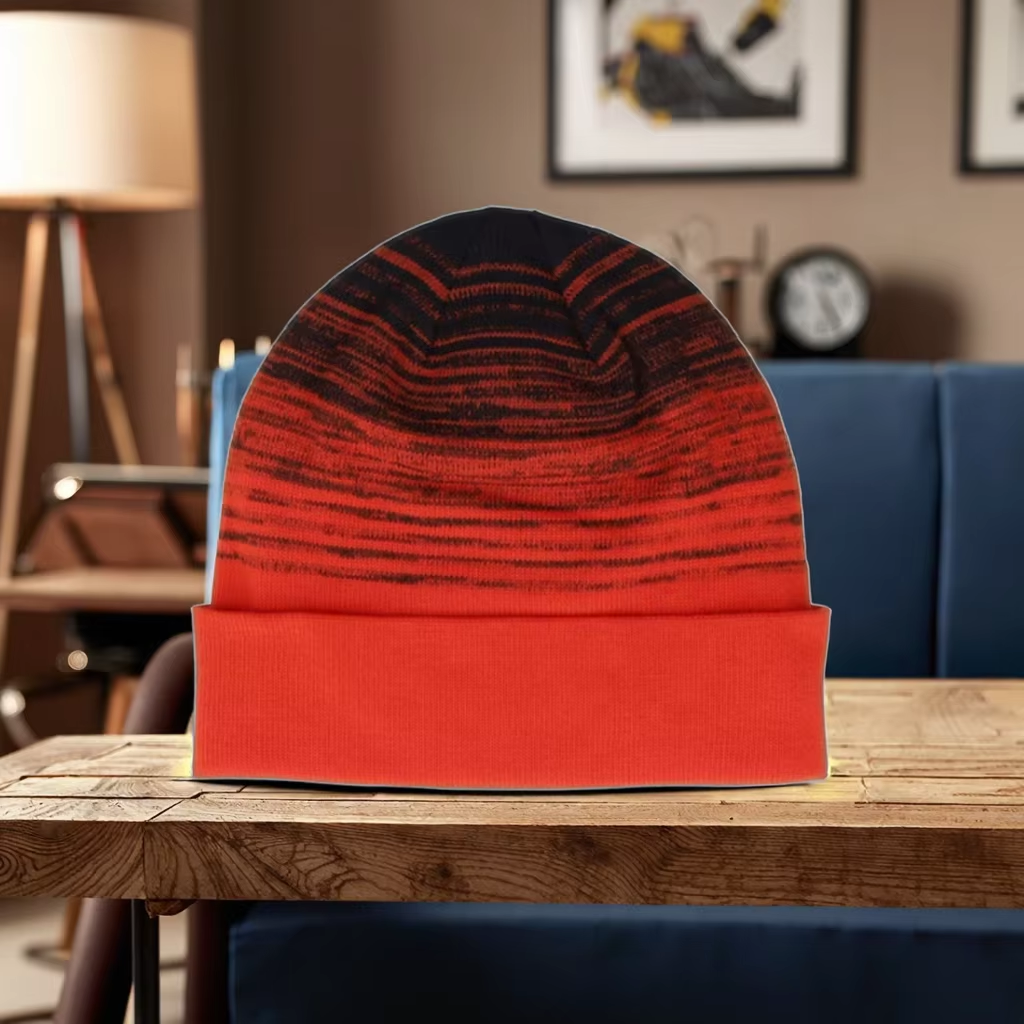 Custom Logo Winter Warm Knit Skull Cap Gradient Black Fiery Red Beanie with Soft Cuff Fashionable for Women Men for Beach Scene