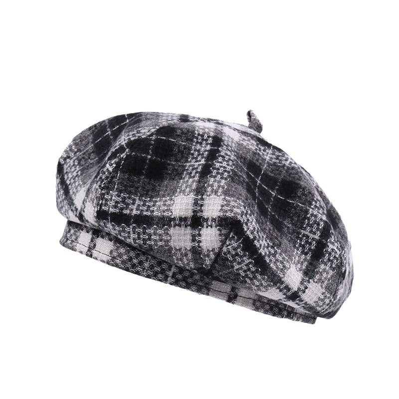 New British Vintage Checkered Beret for Women - Suitable for Autumn/Winter - Wool Blend - Warm - Artist's Hat
