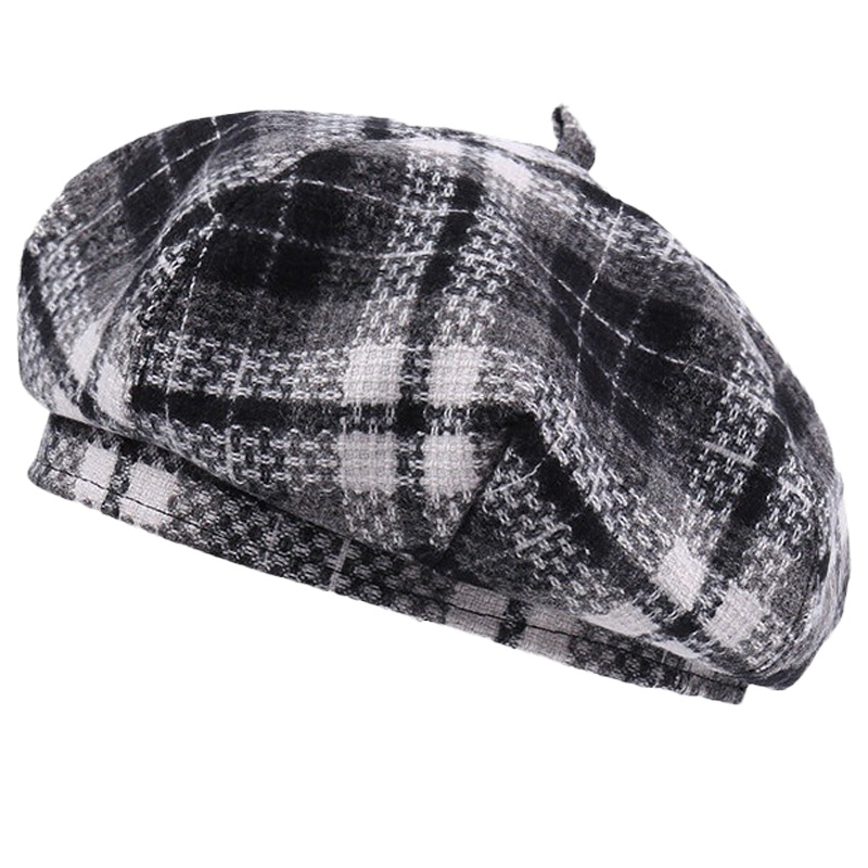 New British Vintage Checkered Beret for Women - Suitable for Autumn/Winter - Wool Blend - Warm - Artist's Hat