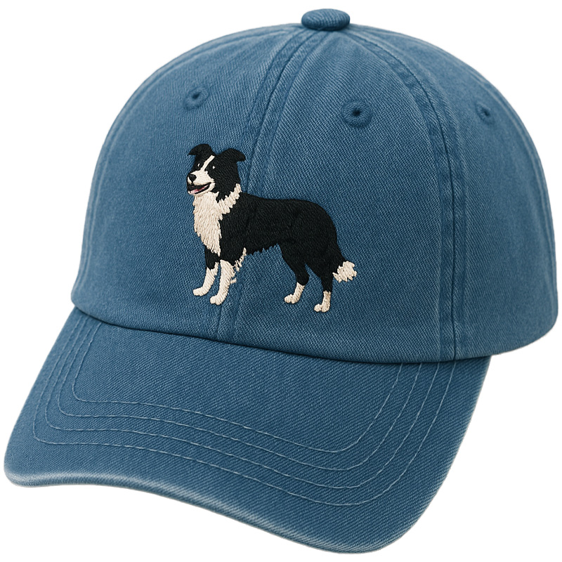 Men's Border Collie Embroidered Gray Adjustable Cotton Denim Baseball Cap