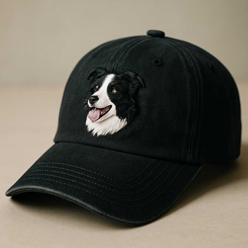 Men's Border Collie Embroidered Gray Adjustable Cotton Denim Baseball Cap