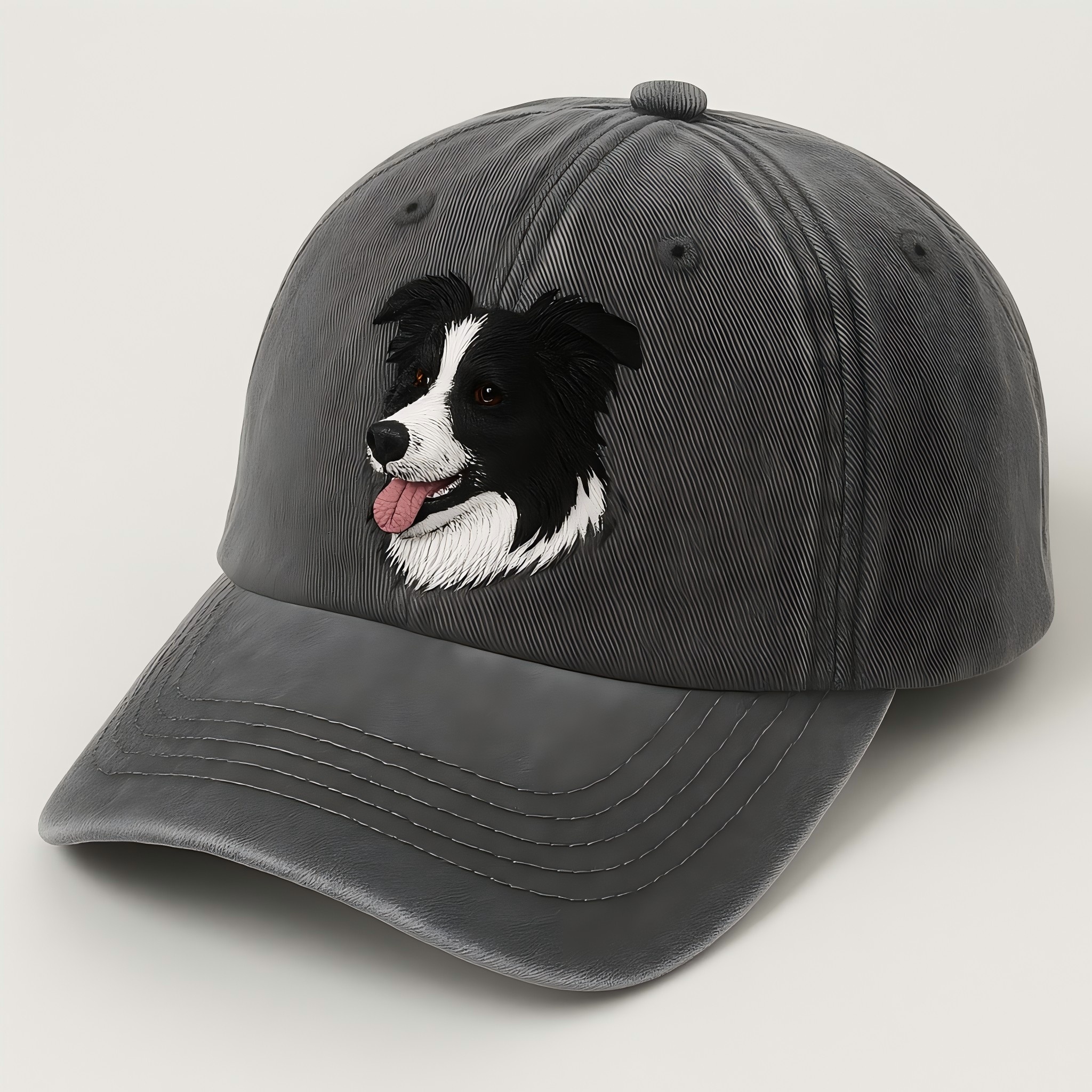 Men's Border Collie Embroidered Gray Adjustable Cotton Denim Baseball Cap