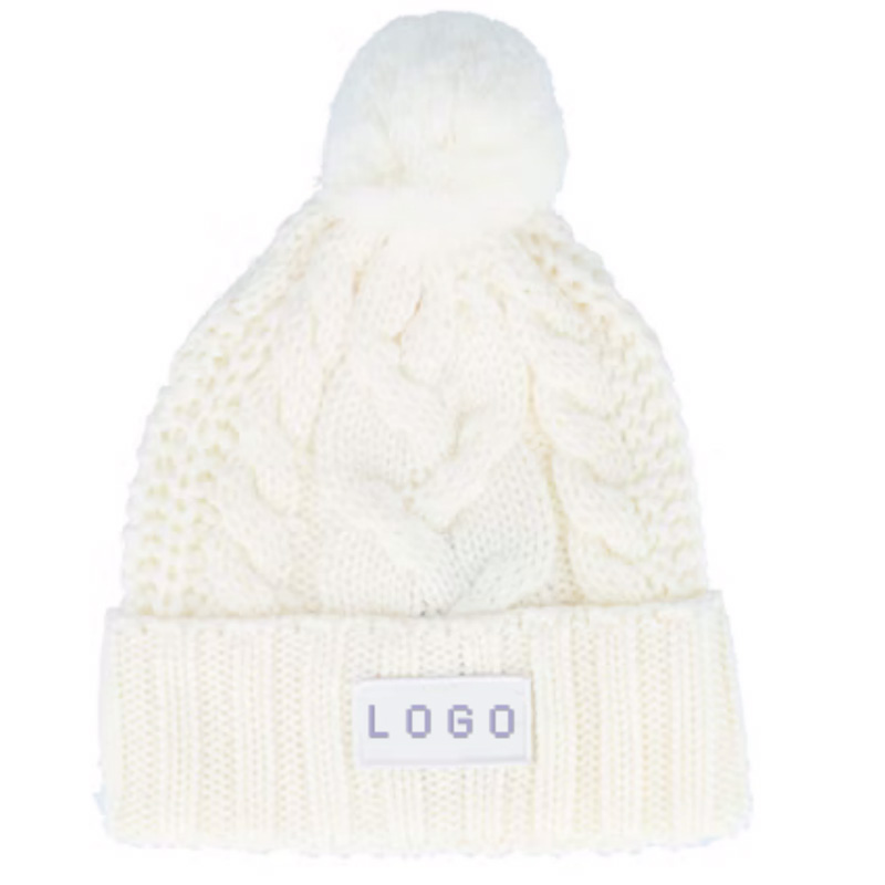 High Quality Wool White Pom Pom Beanie Warm Knit Skull Cap Soft Cuff Beanie Custom Logo Embroidered Patch Winter Hat for Women