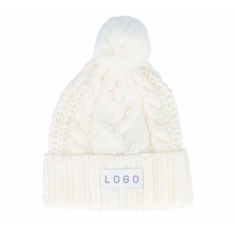 High Quality Wool White Pom Pom Beanie Warm Knit Skull Cap Soft Cuff Beanie Custom Logo Embroidered Patch Winter Hat for Women