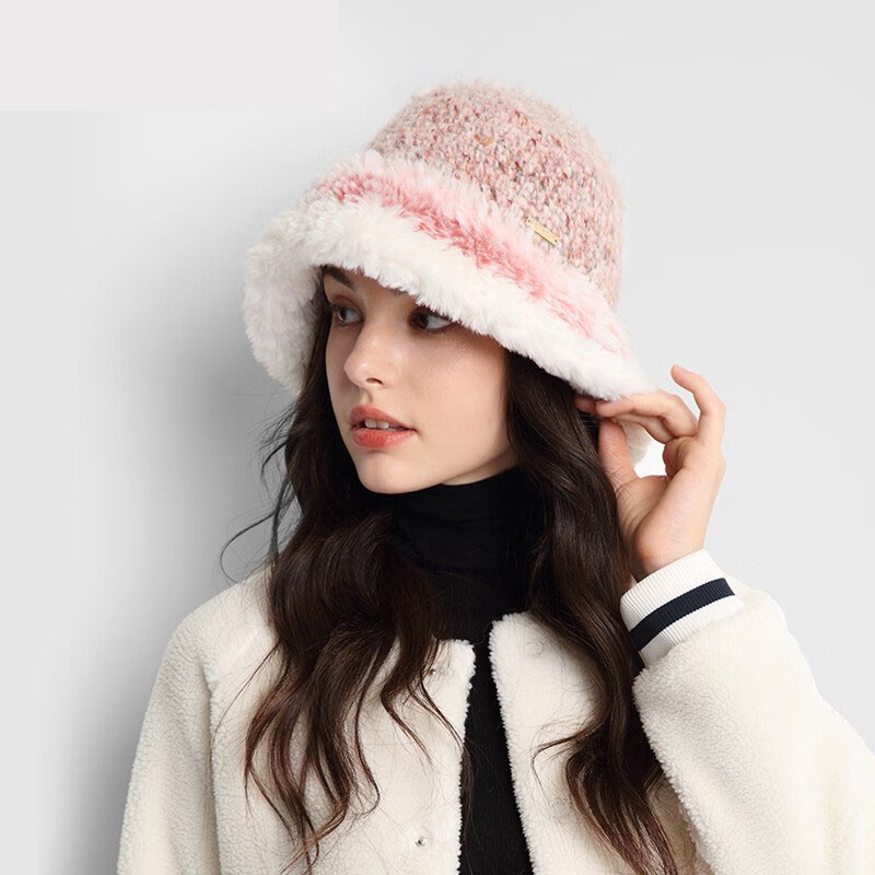 Customized Designer Pink Rainbow Fleece Wool Bucket Hat for Women Warm Winter Knitted Hat with Digital Printed Letter Pattern