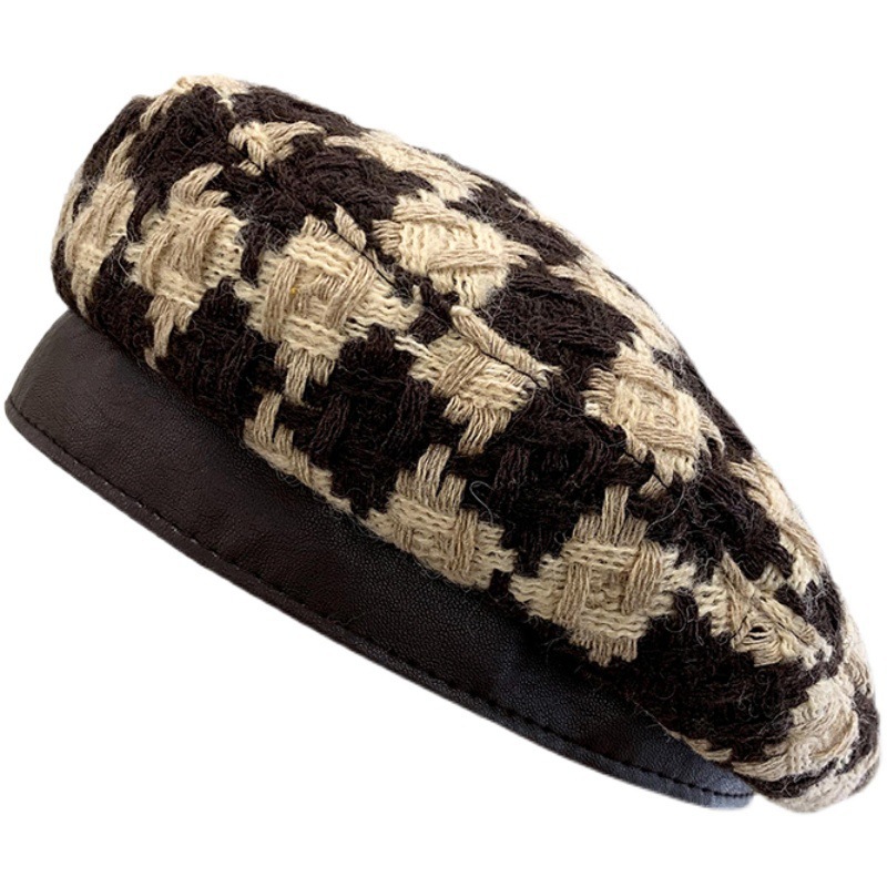 Leather-Trimmed Beret - Wool Knit Houndstooth Pattern, Fall/Winter Fashion Artist Hat