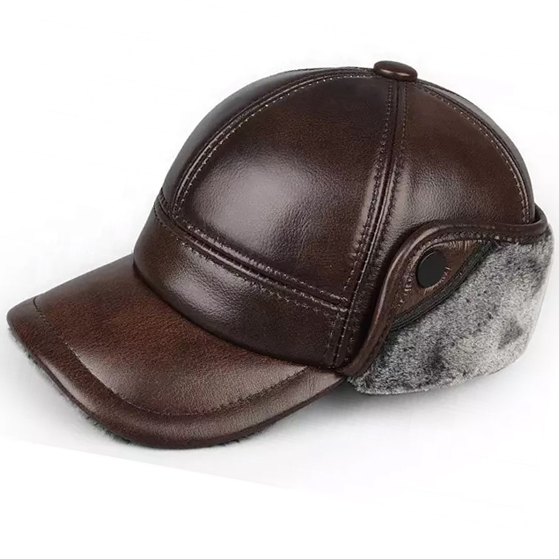 High Quality PU Leather Baseball Cap Winter Warm with Curved Brim and Faux Fur Lining