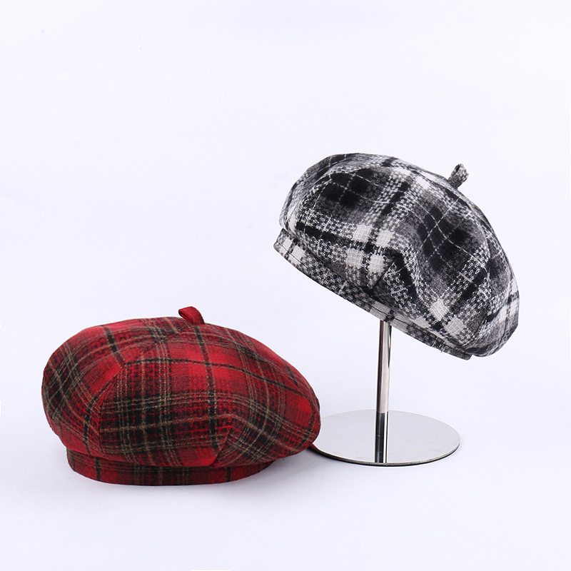 New British Vintage Checkered Beret for Women - Suitable for Autumn/Winter - Wool Blend - Warm - Artist's Hat